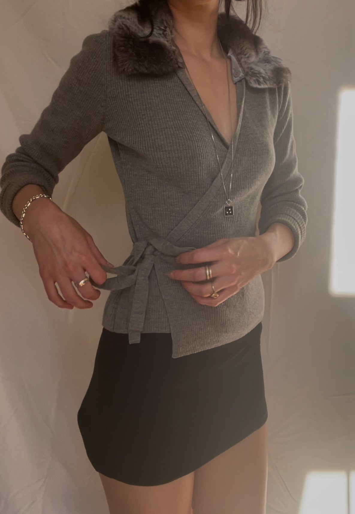 Wool Fur Collar Wrap Cardigan