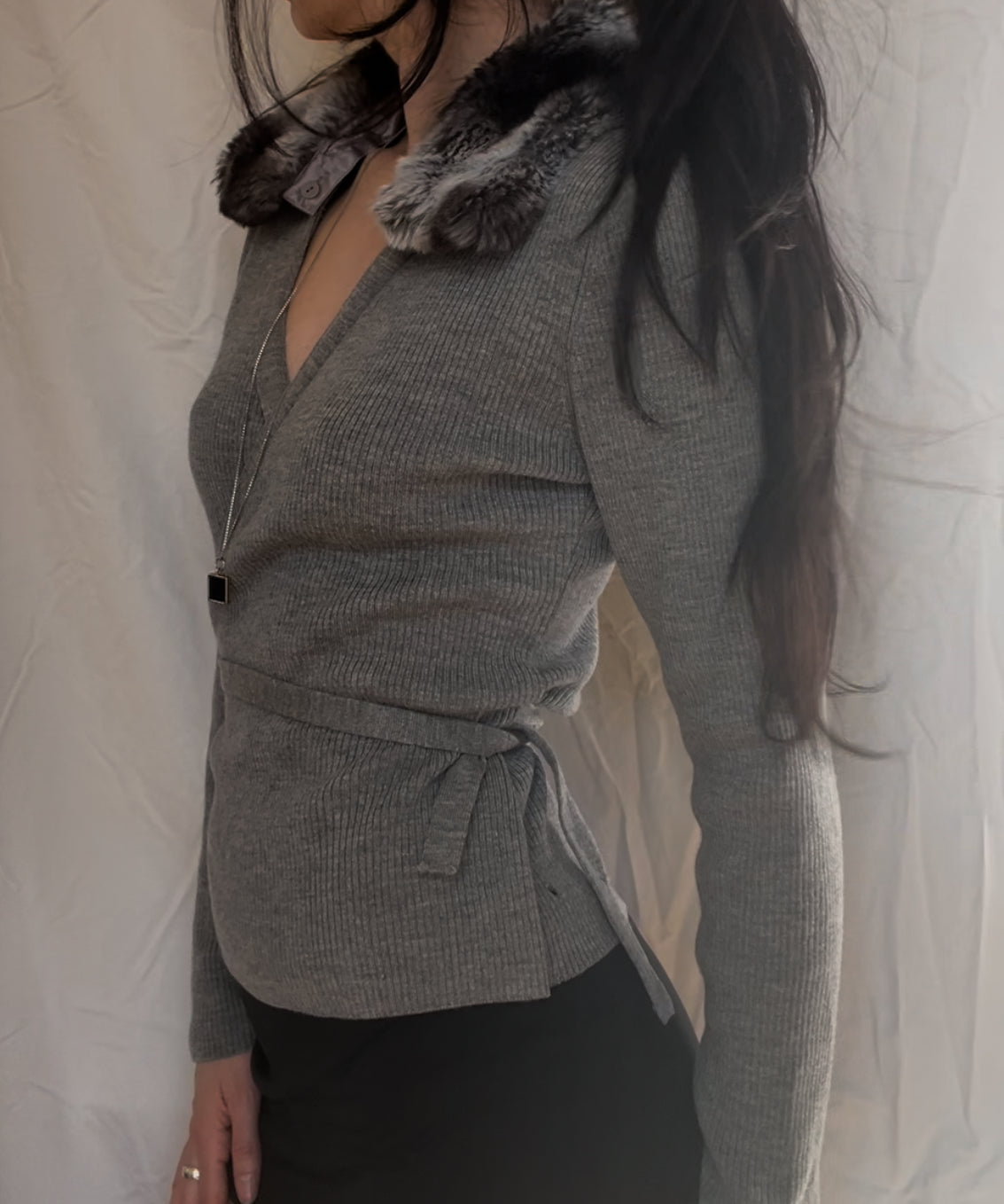 Wool Fur Collar Wrap Cardigan