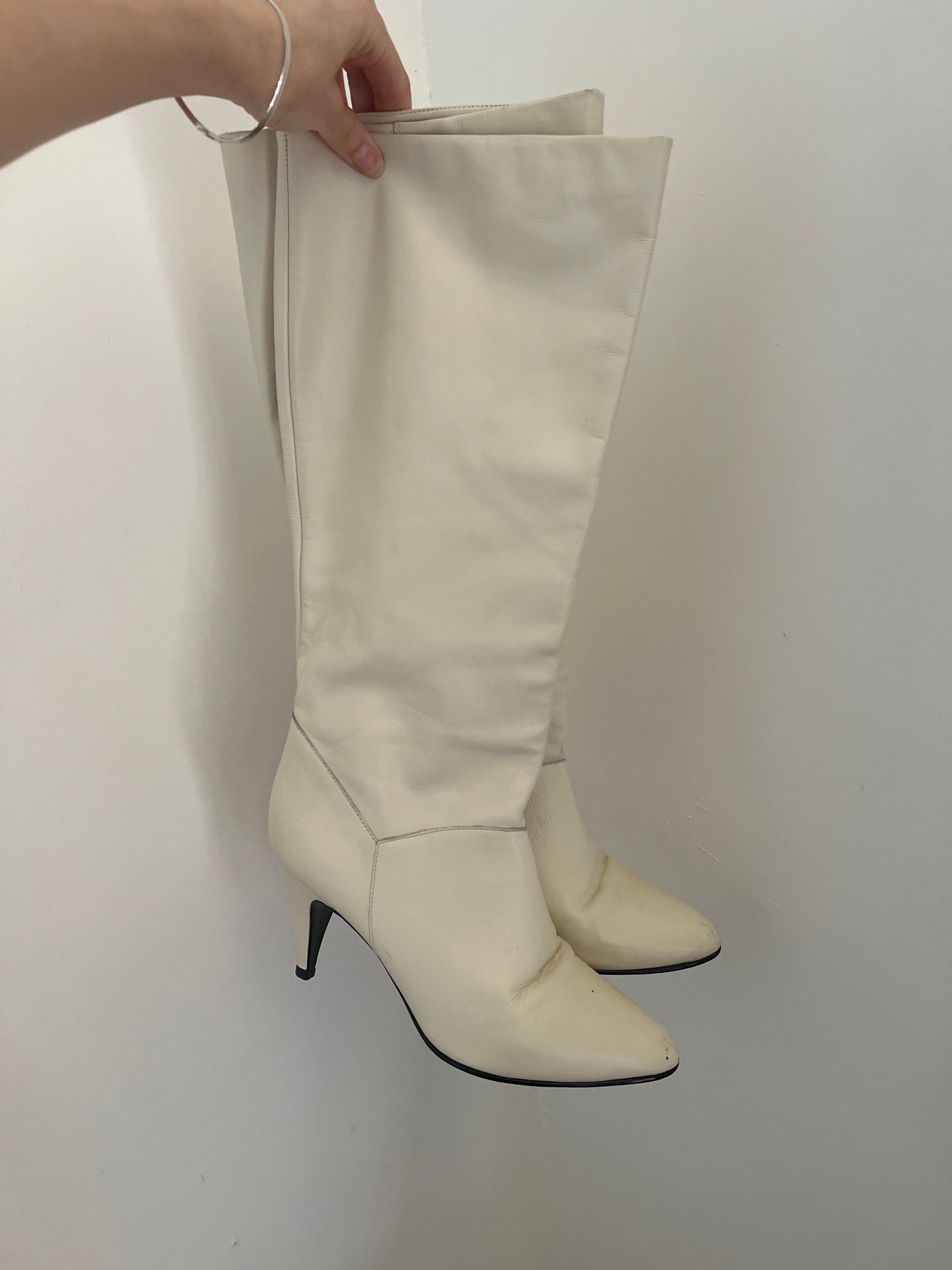 Vintage 9 West Cone Heel Cream Boots