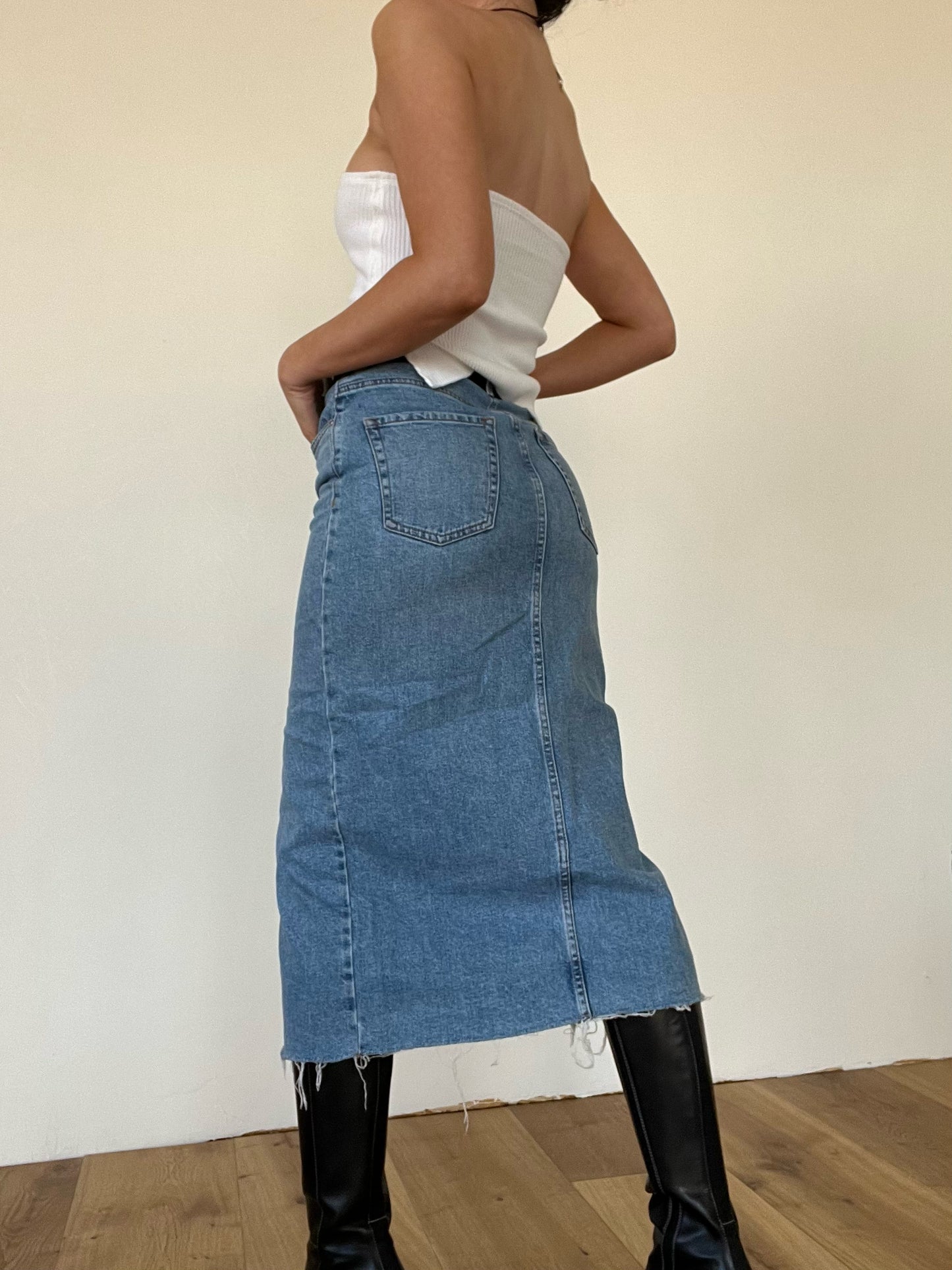 Upcycled Denim Midi Skirt