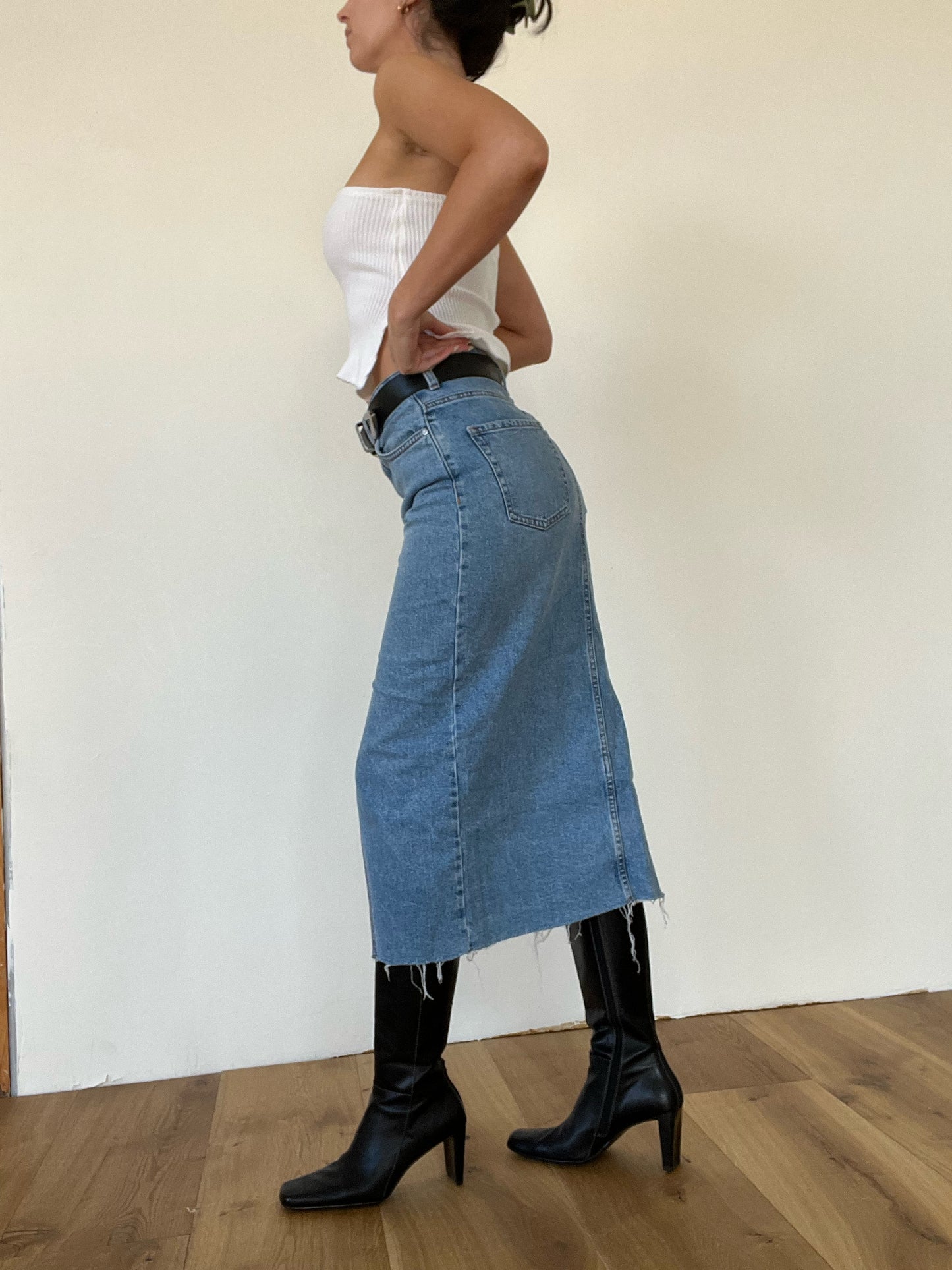 Upcycled Denim Midi Skirt